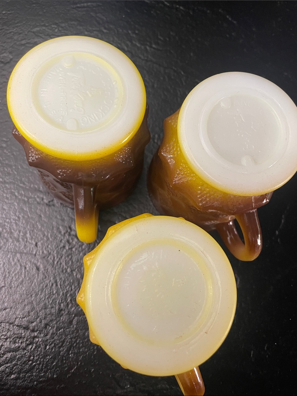 Fire King Kimberly Tan and Yellow Diamond Textured Ceramic Pedestal Mug-Set of 3 - Picture 6 of 7